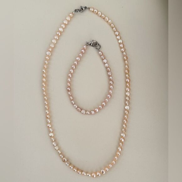 Jewelry - Elegant Simple Baby Baroque Peach Pearl Necklace and Bracelet Set